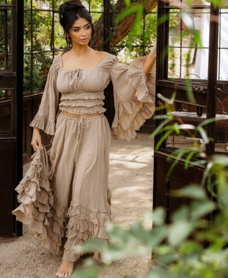 Gypsy Skirt and Long Sleeve Fringe Top Mocha