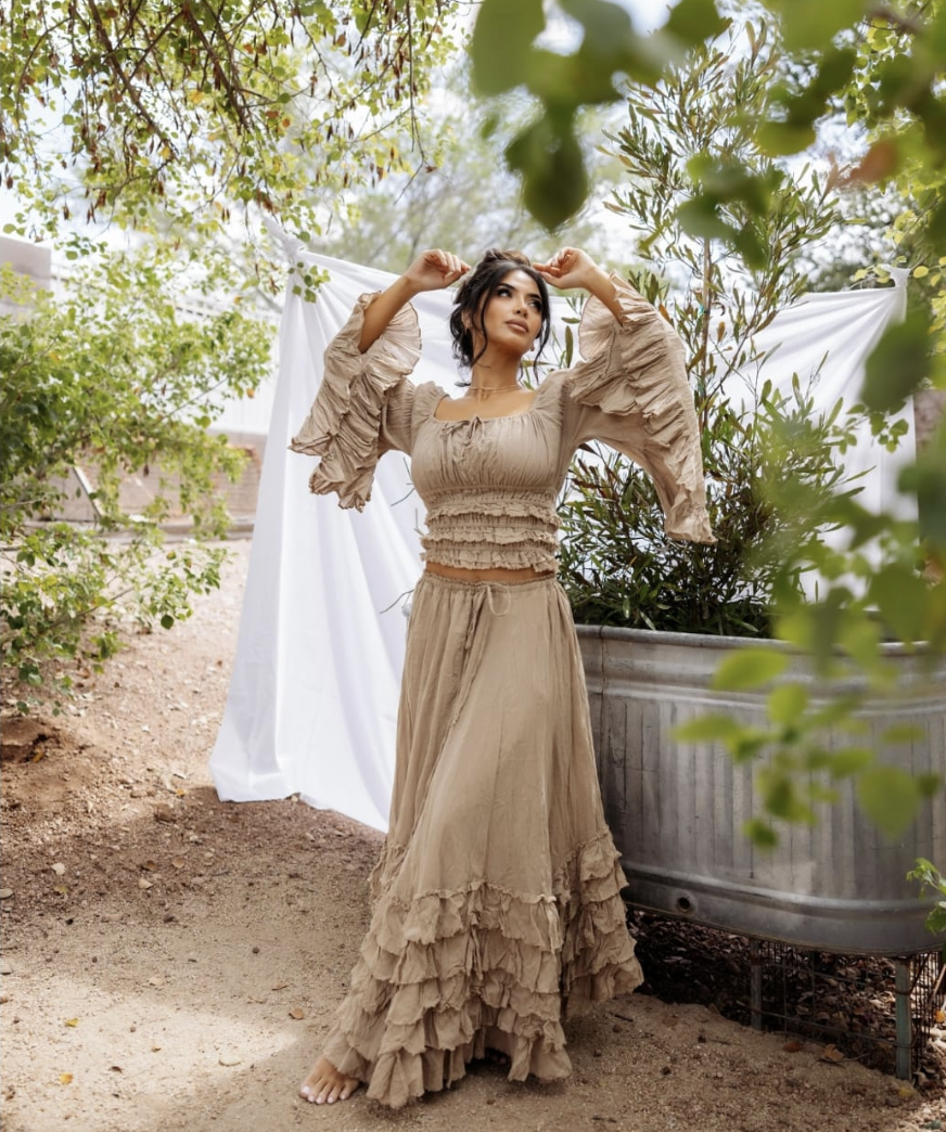 Gypsy Skirt and Long Sleeve Fringe Top Mocha