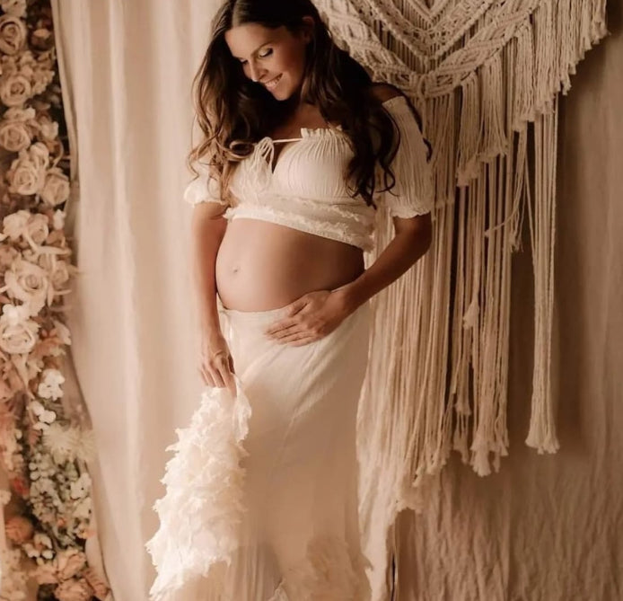 Short Sleeve Fringe Top & Gypsy Skirt Ivory