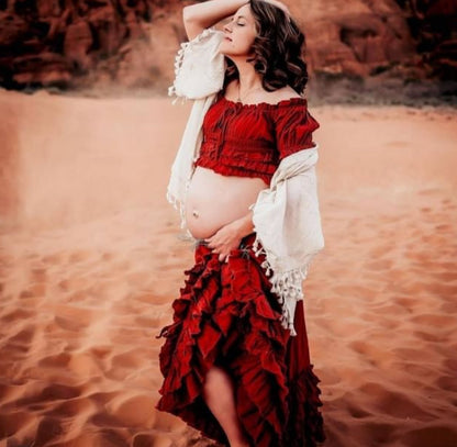 Short Sleeve Fringe Top & Gypsy Skirt Crimson