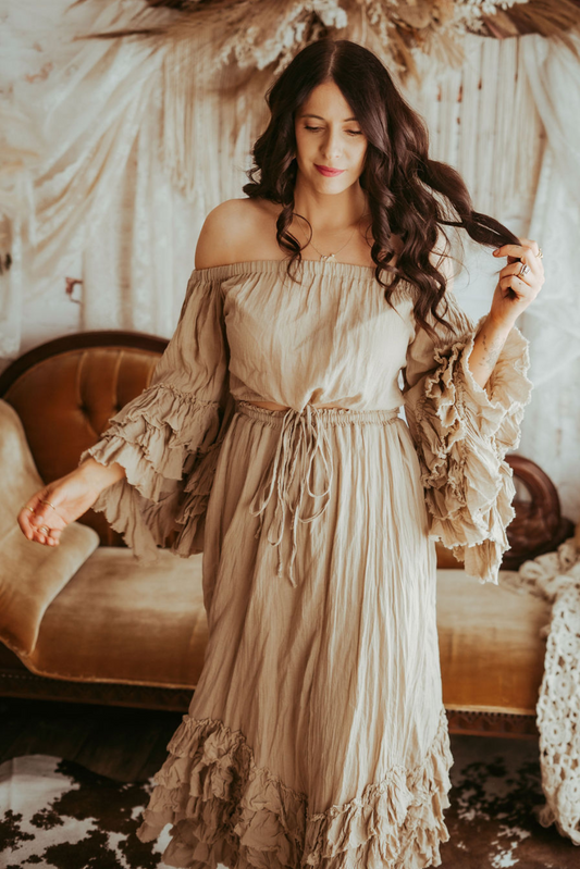 two piece bohemian dress Elegant 2 Piece Set Dress Boho Summer Beach Dress Woman Photo Shoot Gowns Side Slit YEWEN YW220821 4 / Brown Color