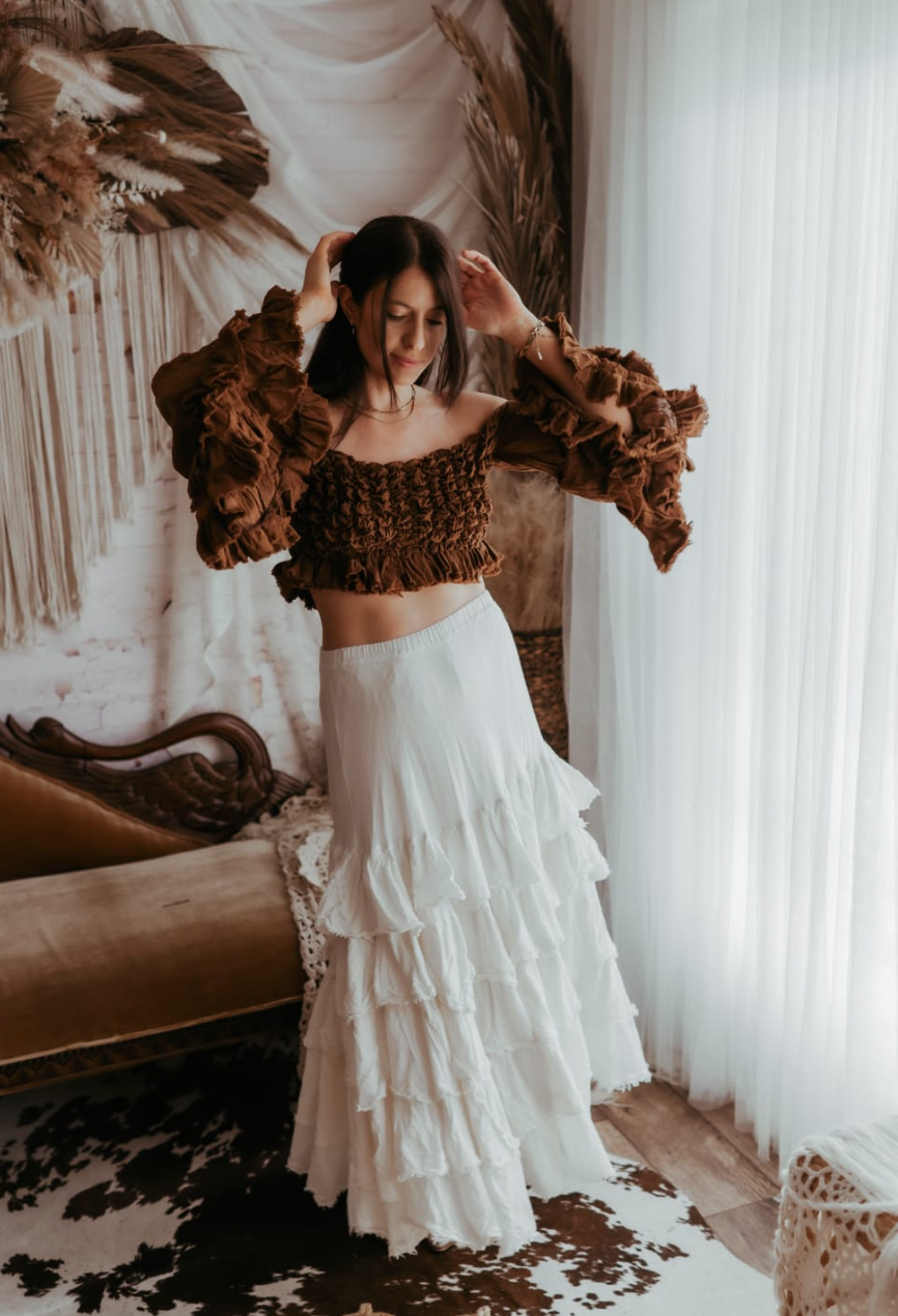 Coco Bronze Textured Top & Ivory Ruffled Skirt