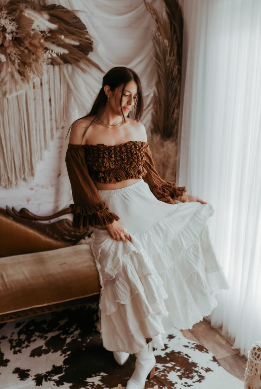 Coco Bronze Textured Top & Ivory Ruffled Skirt