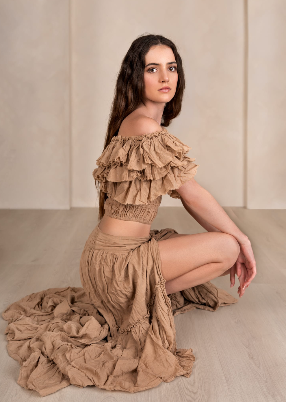 Mocha Ruffled Top with Layered Split Skirt