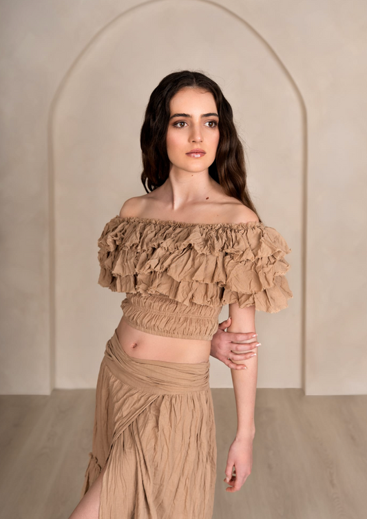 Mocha Ruffled Top with Layered Split Skirt